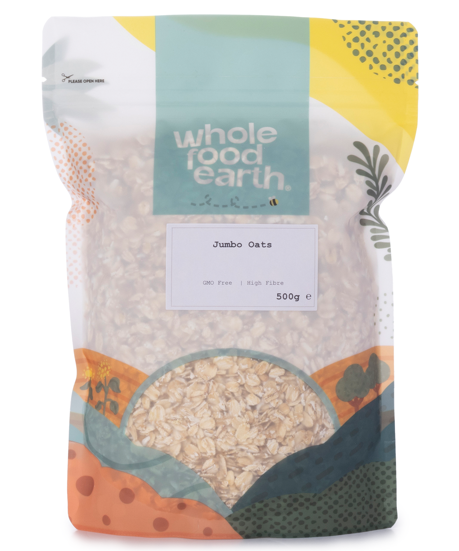 Whole Food Earth jumbo oats cereal in a 500g bag, showing a close-up of the oat flakes in the package.