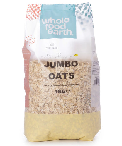 Whole Food Earth jumbo oats cereal in a 1kg package, showing the raw oats in a natural, rustic presentation.