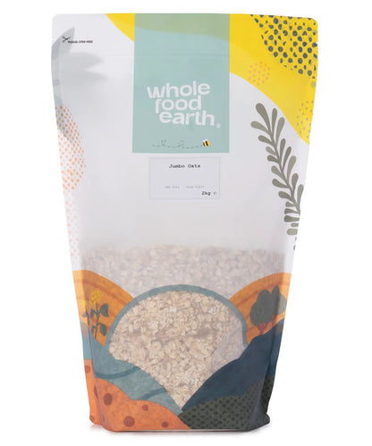 Two kilograms of Whole Food Earth jumbo oats, a natural cereal in a clear package with visible oats inside.
