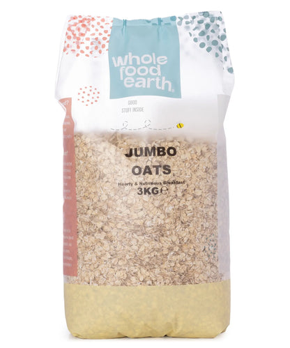 3kg package of Whole Food Earth Jumbo Oats cereal, showing large, rolled oats in a clear bag.