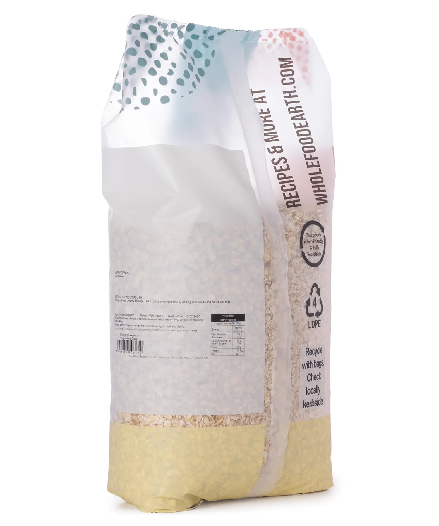 Whole Food Earth jumbo oats cereal in a 3kg package, showing large, rolled oats ready for breakfast or baking.