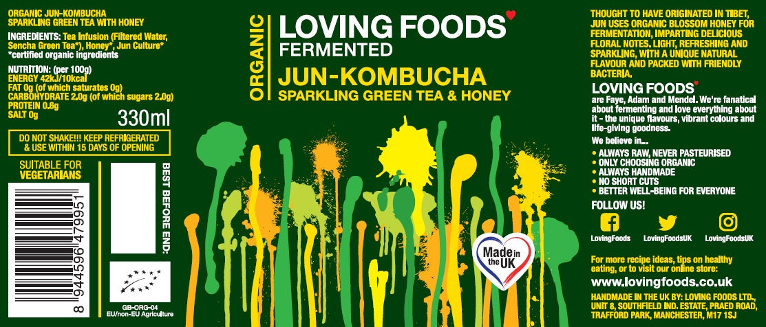 Assorted bottles of Loving Foods Organic Jun-Kombucha in a mixed case, showcasing colorful labels and glass bottles on a white background.