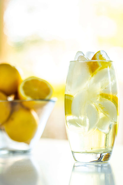 Organic Loving Foods Jun-Kombucha with lemon and ginger in a clear glass bottle, showing the refreshing beverage and natural ingredients.