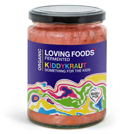 Organic Kiddykraut organic sauerkraut in a glass jar with a fork, showcasing its fresh, fermented appearance and vibrant color.