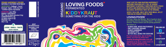 Organic Kiddykraut by Loving Foods in a jar, showcasing fresh fermented sauerkraut with vibrant, natural texture and color.