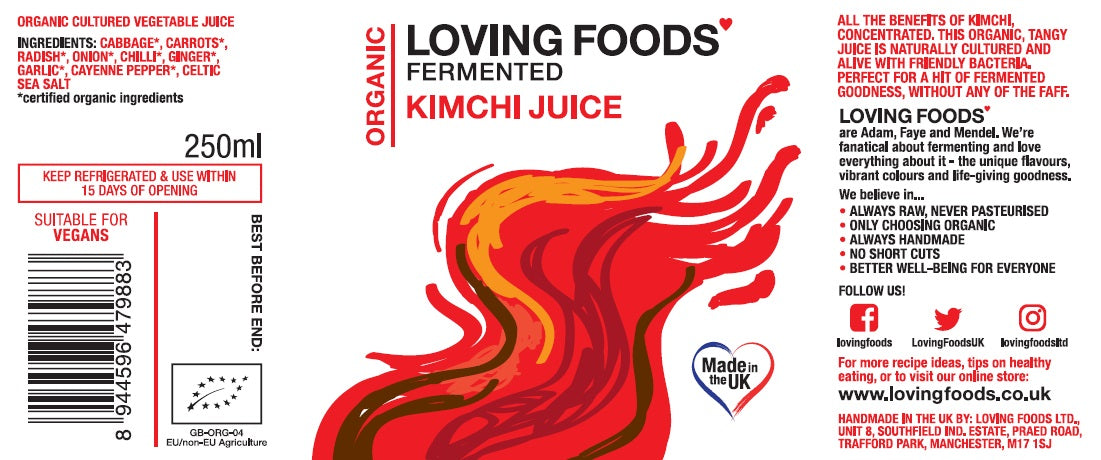 Assorted bottles of Loving Foods fermented vegetable juice, including kimchi flavor, in a mixed case, ready for refrigeration.