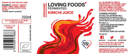 Assorted bottles of Loving Foods fermented vegetable juice, including kimchi flavor, in a mixed case, ready for refrigeration.