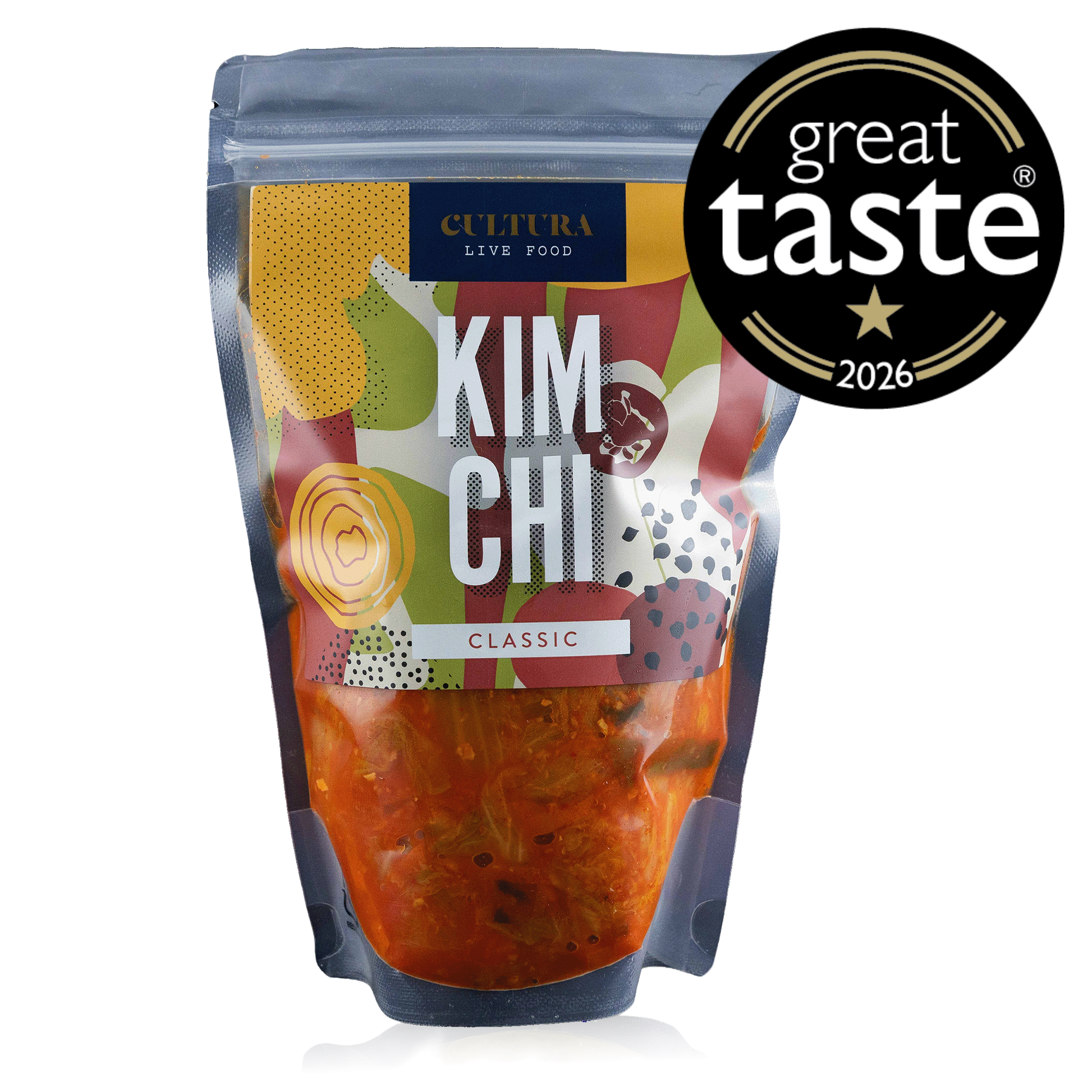 Fermented kimchi in a packaging from Cultura Live Food, showcasing fresh, spicy fermented vegetables in a clear container.