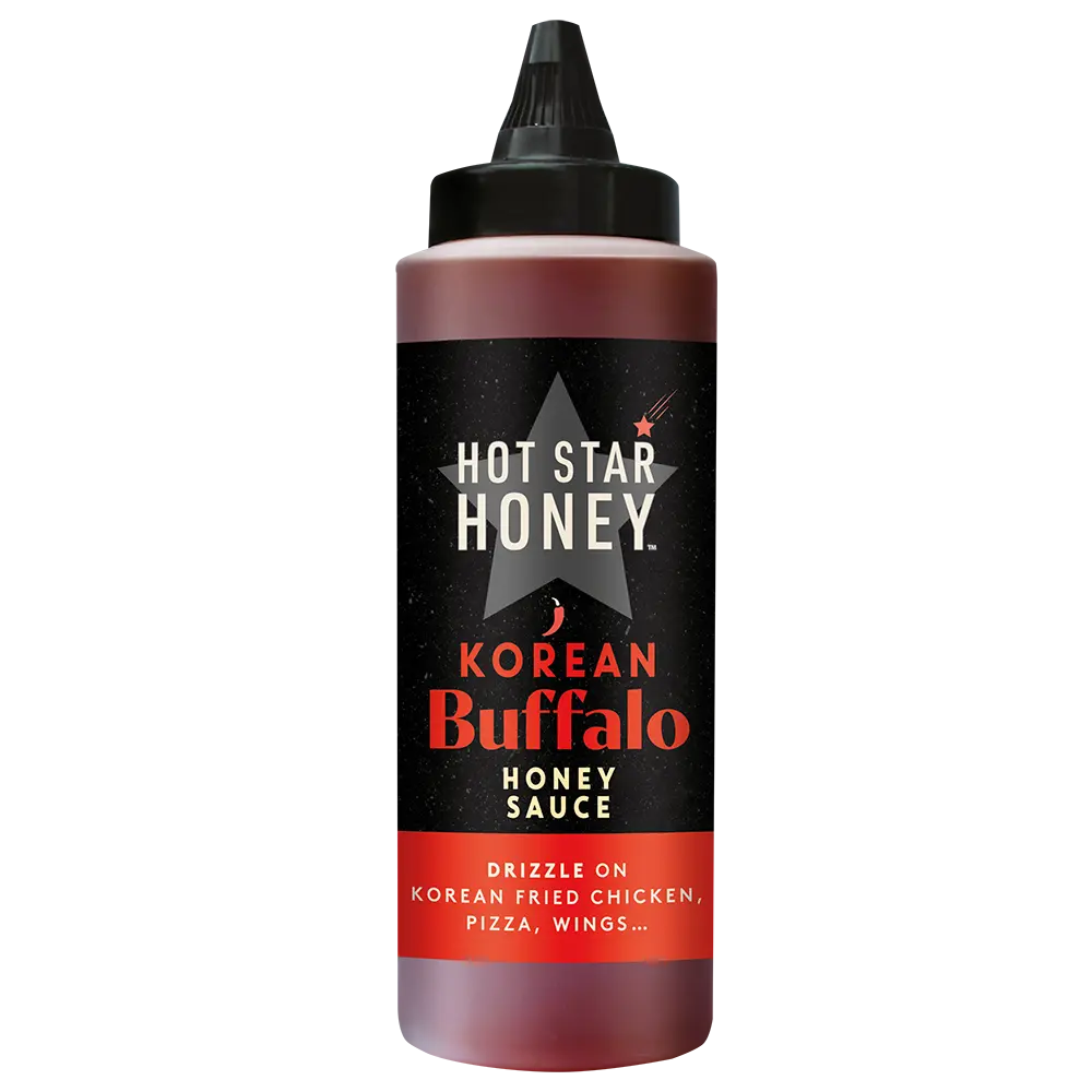 Korean Buffalo Honey Sauce bottle by Hot Star Honey, Asian inspired sauce with a golden honey and spicy buffalo flavor.