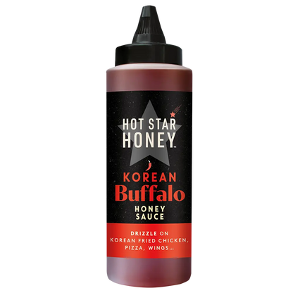 Korean Buffalo Honey Sauce bottle by Hot Star Honey, Asian inspired sauce with a golden honey and spicy buffalo flavor.