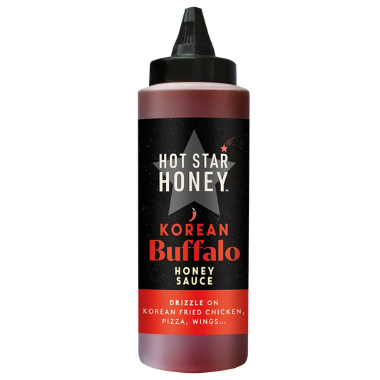 Korean Buffalo Honey Sauce bottle by Hot Star Honey, Asian inspired sauce with a golden honey and spicy buffalo flavor.