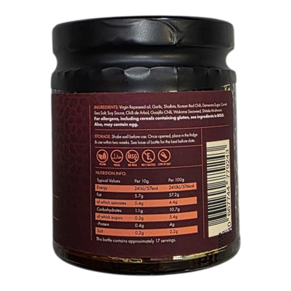 Spicy Korean Chilli Crunch hot sauce from FireFly Barbecue with vibrant red chili flakes and crunchy texture in a glass jar.