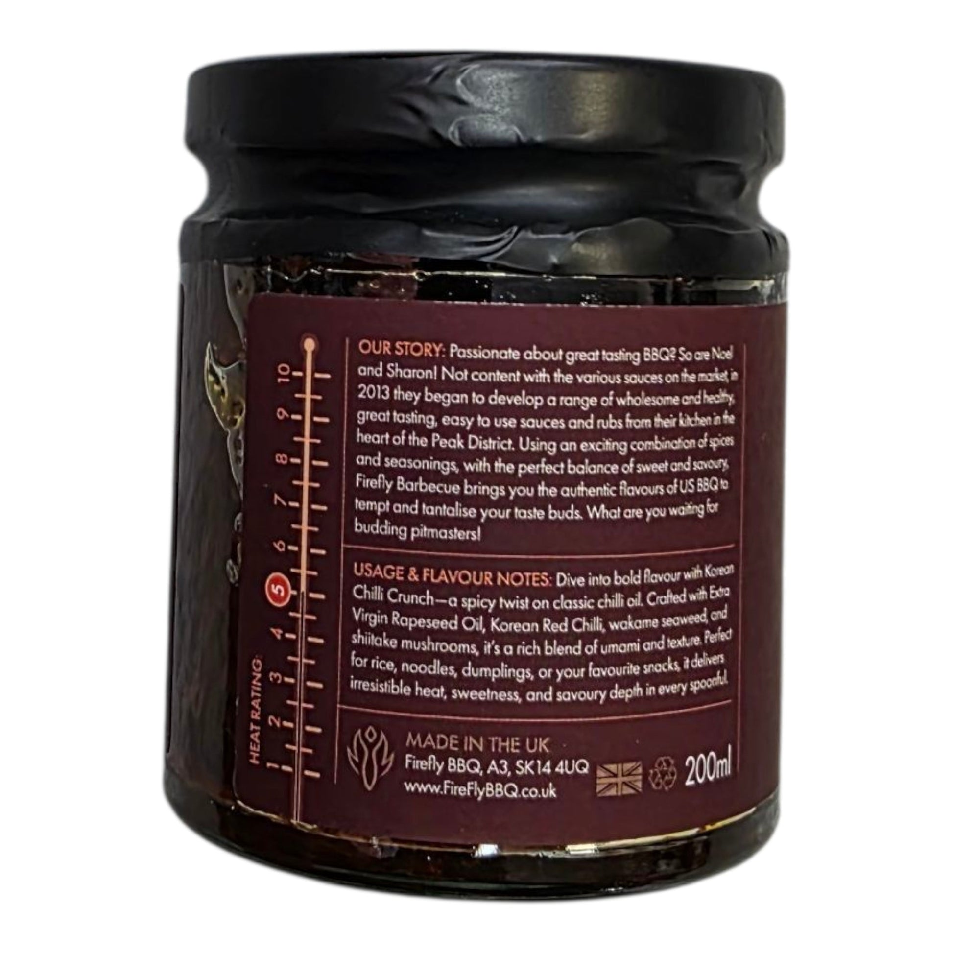 FireFly Barbecue Korean Chilli Crunch spicy hot sauce in a glass jar with a vibrant red chili pepper on the label.