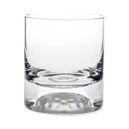 Set of six Glassware UK golf ball-shaped whisky tumblers, 235ml glass drinkware with textured golf ball design.