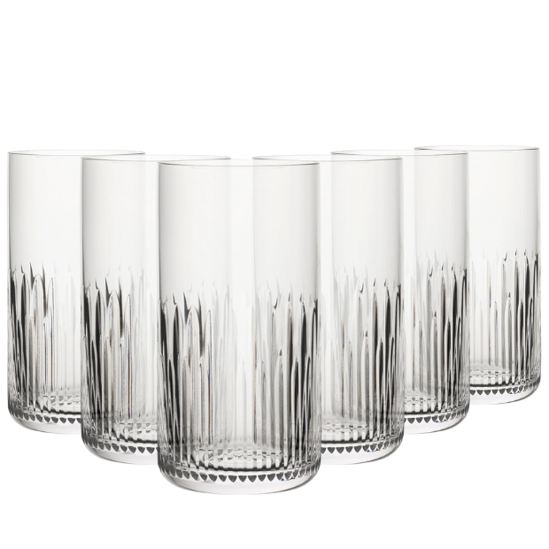 Set of six Whitley highball glasses by Glassware UK, 390ml whisky tumblers with clear glass and smooth finish.