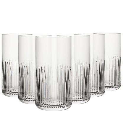 Set of six Whitley highball glasses by Glassware UK, 390ml whisky tumblers with clear glass and smooth finish.
