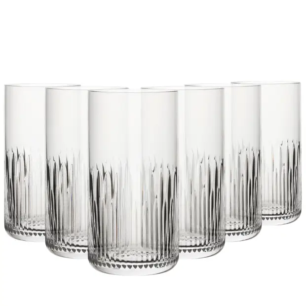 Set of six Glassware UK Whitley highball glasses, 390ml whisky tumblers with clear glass design.