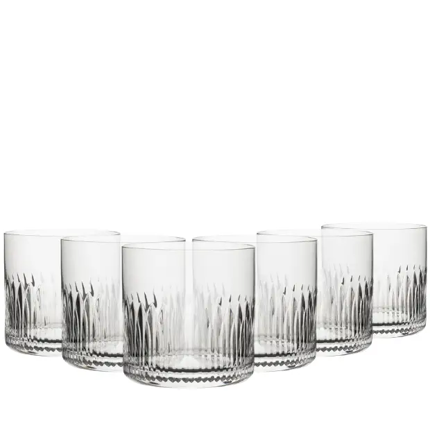 Set of six Whitley Old Fashioned Glasses by Glassware UK, 370ml whisky tumblers, clear glass with a classic design.