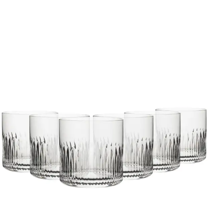 Set of six Whitley Old Fashioned Glasses by Glassware UK, 370ml whisky tumblers, clear glass with a classic design.