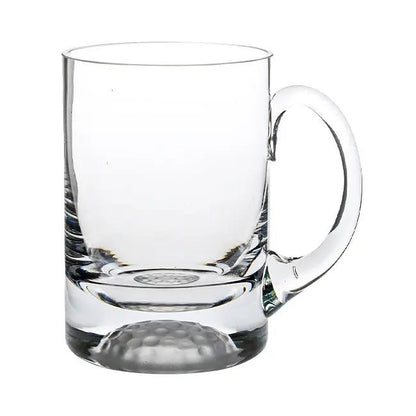 Glassware UK golf ball glass tankard with 568ml capacity, clear glass design, featuring a golf ball pattern and sturdy handle.