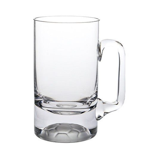 Half-pint football-themed glass tankard with detailed football design, perfect for sports fans, by Glassware UK.