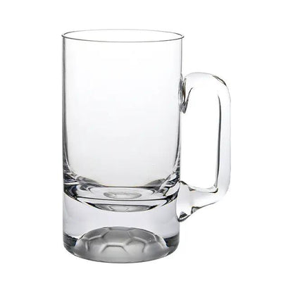 Glassware UK football-themed glass tankard, 1/2 pint capacity, featuring a detailed football design on clear glass.