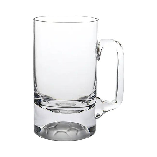 Glassware UK football-themed glass tankard, 1/2 pint capacity, featuring a detailed football design on clear glass.