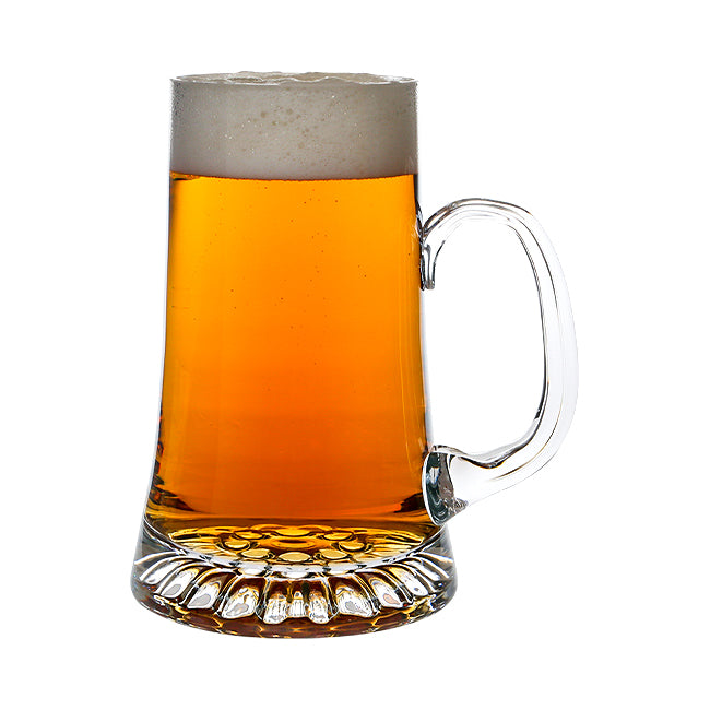 Handmade glass tankard with 1-liter capacity, featuring clear glass and a sturdy handle, made by Glassware UK.