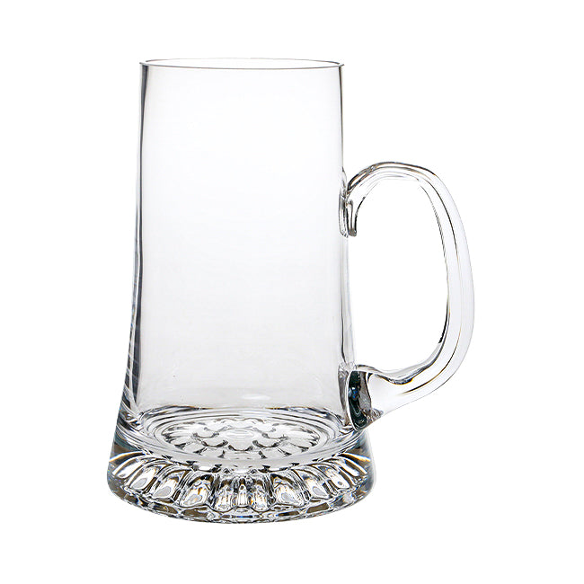 Handmade 1L glass tankard from Glassware UK with clear, sturdy design and a wide handle, perfect for enjoying beverages.