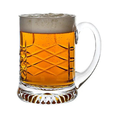 Handmade crystal cut tankard from Glassware UK with a 0.565L capacity, featuring intricate glass detailing and a sturdy handle.