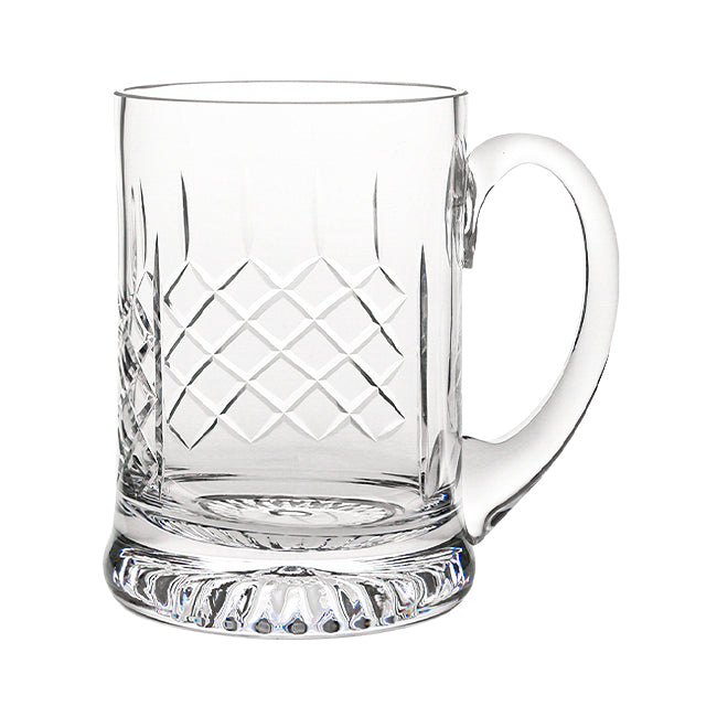 Handmade crystal cut tankard from Glassware UK with 0.565L capacity, featuring intricate glass detailing and a sturdy handle.
