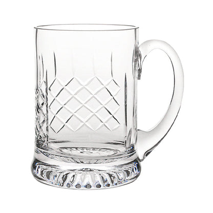 Handmade crystal cut tankard from Glassware UK with 0.565L capacity, featuring intricate glass detailing and a sturdy handle.