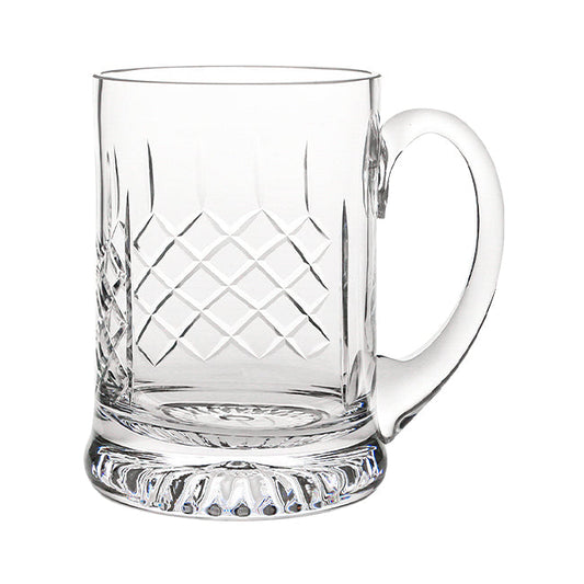 Handmade crystal cut tankard from Glassware UK with 0.565L capacity, featuring intricate glass detailing and a sturdy handle.