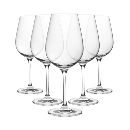 Set of six Bordeaux wine glasses by Glassware UK, 560ml, clear crystal with elegant bowl design for serving wine.