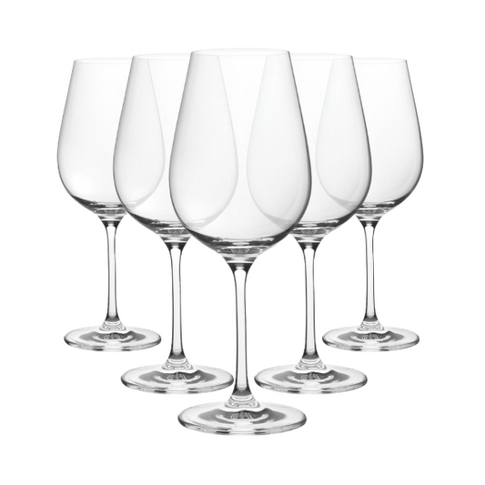 Set of six Bordeaux wine glasses by Glassware UK, 560ml, clear crystal with elegant bowl design for serving wine.