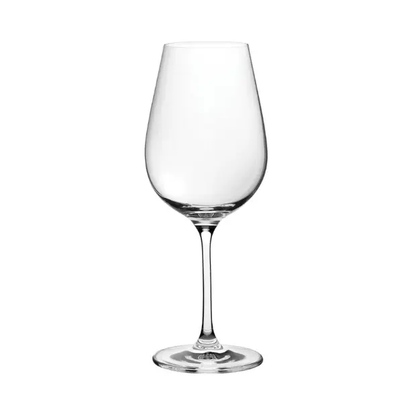 Set of six Bordeaux wine glasses by Glassware UK, 560ml capacity, clear glass with elegant curved bowls and slender stems.