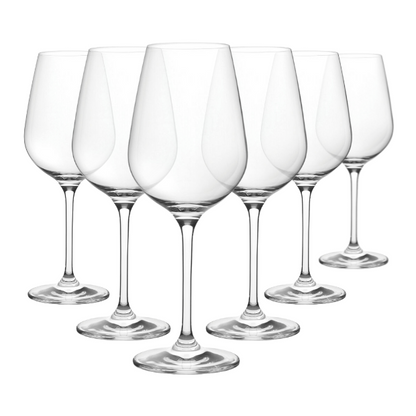 Set of six Invitation wine glasses by Glassware UK, 440ml capacity, clear and elegant for wine serving.