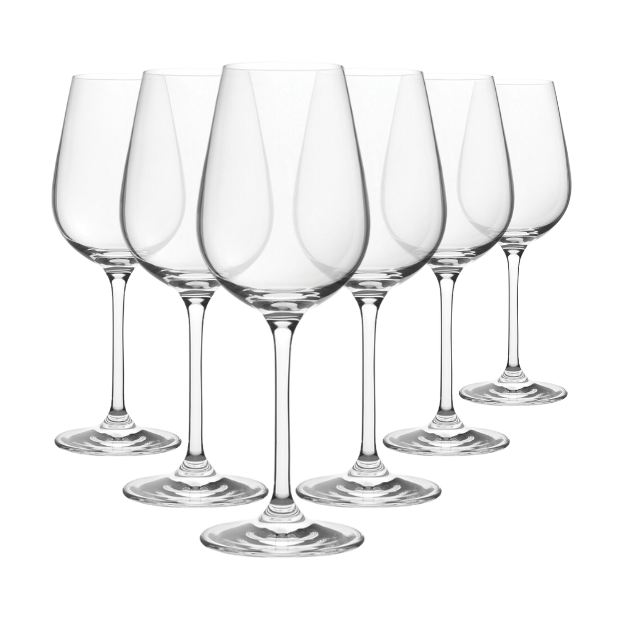 Set of six Elegant Invitation wine glasses by Glassware UK, 350ml capacity, clear glass with a classic design for wine serving.