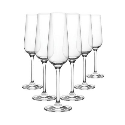 Set of 6 Glassware UK invitation champagne flutes, 180ml, clear glass with elegant tall bowl design for celebrations.