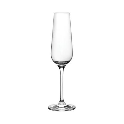 Set of six Glassware UK invitation-style champagne flutes, 180ml, clear glass with elegant tall stems for special celebrations.