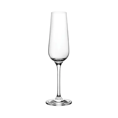 Set of six Glassware UK champagne flutes with 180ml capacity, elegant clear glass with tall, slender stems for celebrations.