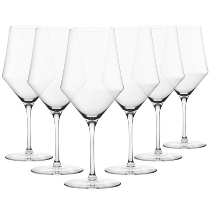 Set of six Edge Bordeaux wine glasses by Glassware UK, 640ml capacity, clear glass with elegant design for red wine.