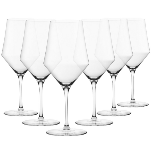 Set of six Edge Bordeaux wine glasses by Glassware UK, 640ml capacity, clear glass with elegant design for red wine.