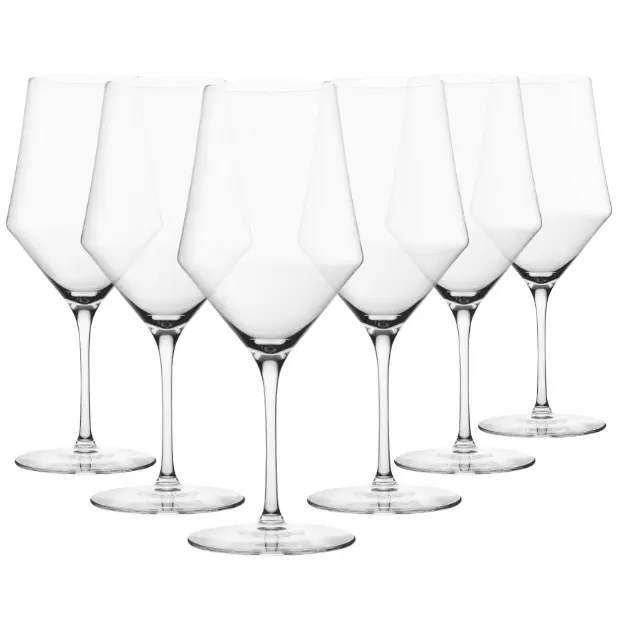 Set of six Edge Bordeaux wine glasses by Glassware UK, 640ml capacity, clear glass with elegant curved design.