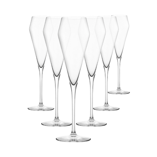 Set of six Edge Champagne Glass Flutes by Glassware UK, 220ml capacity, clear elegant glassware for celebrating.