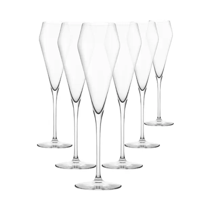 Set of six Edge Champagne Glass Flutes by Glassware UK, 220ml capacity, clear elegant stemware for celebrating occasions.