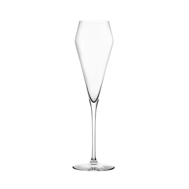 Set of six Edge Champagne Glass Flutes by Glassware UK, 220ml capacity, clear crystal with elegant tall stems.