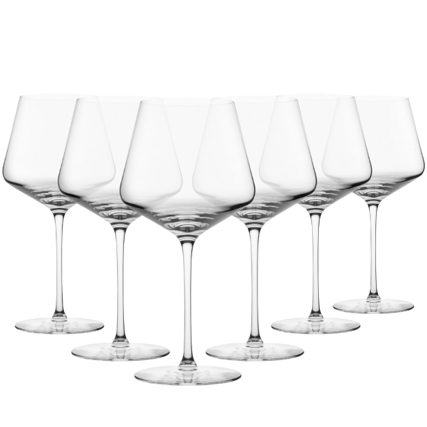 Set of six Edge Burgundy wine glasses by Glassware UK, 730ml capacity, clear glass with elegant shape and smooth rims.