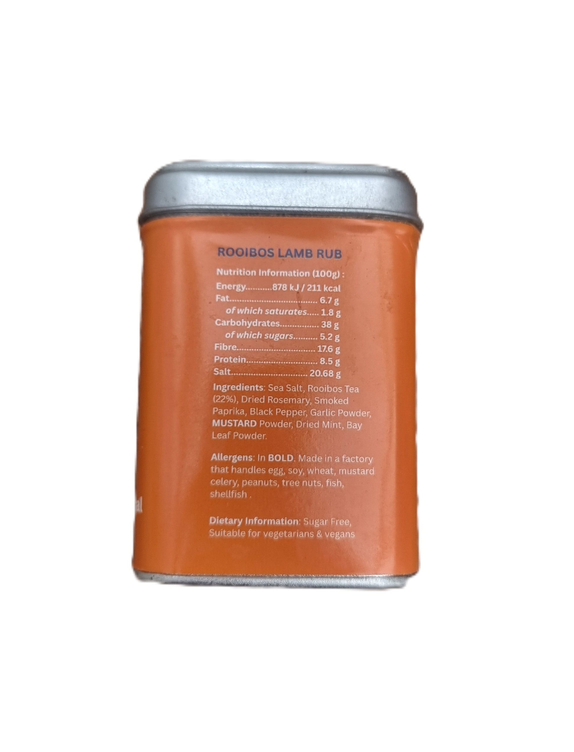 Crux BBQ Roobios Lamb Rub seasoning in a jar, side view showing the spice blend for BBQ lamb dishes.