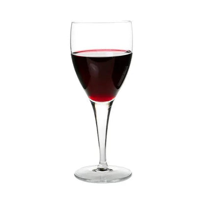 Set of six Luigi Bormioli red wine glasses with 225ml capacity, clear glassware with elegant stems and wide bowls.